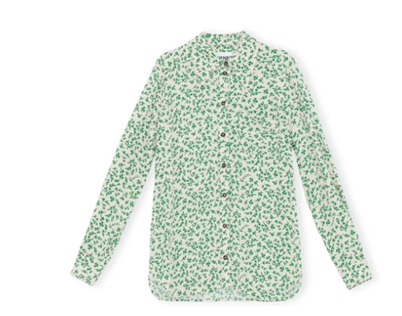 Ganni Leap Print Crepe Shirt Button Down Shirt Green Women Size 36 Us Small